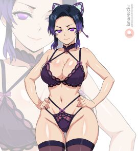 1girls absurdres black_hair breasts butterfly_hair_ornament demon_slayer female hair_ornament hands_on_own_hips highres kimetsu_no_yaiba kiramochi kochou_shinobu lingerie purple_eyes underwear wide_hips