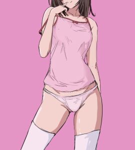 arm_at_side ass_visible_through_thighs bare_arms bare_shoulders breasts brown_hair camisole ccherias closed_mouth collarbone female finger_in_own_mouth midriff_peek monogatari_(series) no_skirt panties pink_camisole pink_panties sengoku_nadeko sleeveless_shirt small_breasts smile strap_slip thighhighs thighs underwear white_thighhighs zettai_ryouiki