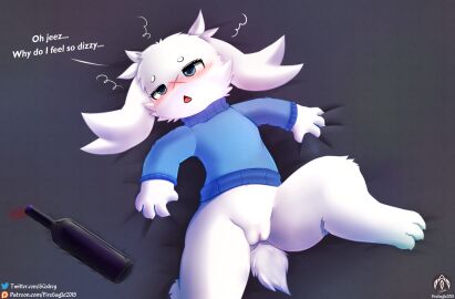 anthro bed blush bottle cave_story claws clothing container dizzy drunk female fur furniture genitals grabbing_sheets hi_res lagomorph lying mammal mimiga on_back pussy senz solo sue_sakamoto sweater tail text topwear white_body white_fur wine_bottle