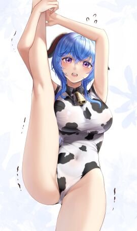 1girls bell big_breasts blue_hair breasts cow_print cow_print_leotard cowbell female female_only ganyu_(genshin_impact) genshin_impact horns leotard looking_at_viewer medium_hair potetos7 purple_eyes shaking simple_background splits standing standing_on_one_leg standing_split tears trembling
