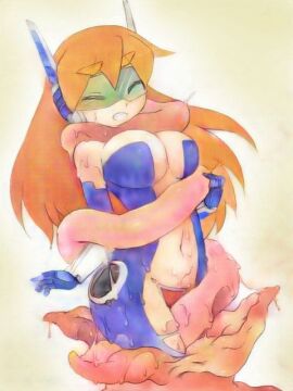 android blush breasts camel_(dansen) closed_eyes clothed echidna_wars_dx female female_prey large_breasts long_hair milia_wars orange_hair sweat tagme tentacle tgo-07 vore