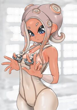 2d 2d_(artwork) agent_8_(side_order) agent_8_(splatoon) big_breasts breasts female female_only grey_eyes koharuno2 looking_down_at_breasts no_bra octoling octoling_girl one-piece petite petite_body petite_female silver_eyes solo solo_female splatoon splatoon_(series) splatoon_3 splatoon_3:_side_order tan_body tan_lines tanline tanned_female tanned_skin tentacle tentacle_hair tugging_clothing unusual_anatomy unusual_eyes unusual_pupils white_hair wide_hips