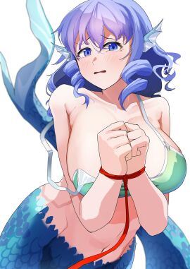1girls big_breasts blue_eyes blue_hair bra breasts cleavage female fish_girl head_fins light-skinned_female light_skin merfolk mermaid mermaid_tail solo solo_female tail tears tied_hands touhou urizaku3 wakasagihime wardrobe_malfunction white_background