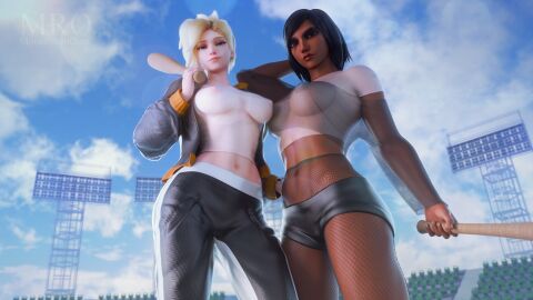 2girls 3d abs baseball_bat baseball_uniform black_hair blizzard_entertainment blonde_hair breasts crop_top dark-skinned_female dark_skin facial_tattoo female fishnets hand_behind_head hand_on_another's_hip hotpants jacket large_breasts light-skinned_female light_skin looking_at_viewer medium_breasts mercy midriff moonroomoom muscular muscular_female nipples nipples_visible_through_clothing open_jacket overwatch overwatch_2 pharah see-through see-through_clothing shorts sportswear stadium sweater
