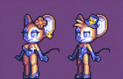 animated balls breasts brown_fur buckteeth bulge compression_artifacts earrings female flower_on_head furry gloves hat high_heels hotred leotard male mouse original_characters penis pixel_animation pixel_art rockthebull servedasis sparkles