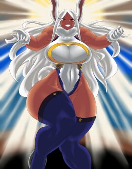 alternate_version_available boku_no_hero_academia breasts breasts_bigger_than_head dark-skinned_female dark_skin female holy_aura huge_breasts kailyn kreativekailyn midair mirko muscular_female my_hero_academia rabbit_ears rabbit_girl rumi_usagiyama thick_thighs thunder_thighs white_hair wide_hips