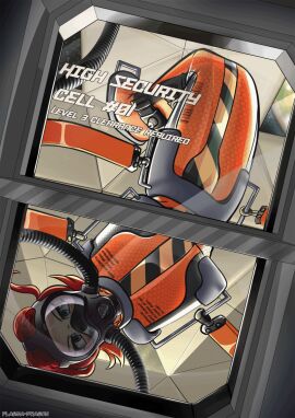 angry angry_face animated ashley_(plasma-dragon) barcode barcode_print blue_eyes bondage breathing_tube captured female female_focus female_only frustrated gas_mask handlebars handles handles_on_hips helpless helpless_female high_quality horny_jail imprisoned in_orbit muzzled orange_clothing orange_straitjacket orange_stripes padded_cell padded_room plasma-dragon prison prison_cell prison_uniform prisoner red_hair respirator restrained rubber_suit sensory_deprivation space space_station spacecraft spaceship straitjacket strapped struggling testing_facility text text_on_clothing wiggle