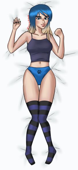 1girls 2d alternate_version_available bed blue_hair blue_panties breasts cleavage clothed clothing digital_drawing_(artwork) digital_media_(artwork) dress eve_(summertime_saga) female female_focus female_only joakadraws laying_down laying_on_back laying_on_bed legwear light-skinned_female light_skin long_socks looking_at_viewer on_bed panties shirt small_breasts solo solo_focus stockings striped_legwear summertime_saga tank_top tease teasing teasing_viewer teenage_female teenager thighhighs two-tone_hair