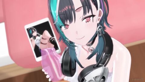 1boy 1girls 3d artificial_vagina bed bedroom black_hair blush breasts censored cum cum_on_photo earrings ejaculation handjob handjob_w/sex_toy headphones headphones_around_neck hololive hololive_dev_is hololive_flow_glow huge_breasts indoors kissing_viewer light-skinned_female light-skinned_male light_skin looking_at_viewer mosaic_censoring open_mouth photo_(object) red_eyes rindo_chihaya room sex_toy sound tagme tongue tongue_out video virtual_youtuber zuzuzu3d