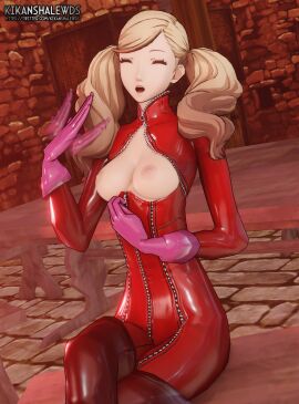 1girls ann_takamaki blonde_hair bodysuit boots breasts closed_eyes clothing crossed_legs exposed_breasts female female_only flashing flashing_breasts gloves human kikanshalewds latex latex_bodysuit long_hair medium_breasts nipples open_mouth pale_skin persona persona_5 phantom_thief_suit pink_gloves red_bodysuit sitting solo thigh_boots thighhighs tied_hair twintails zipper