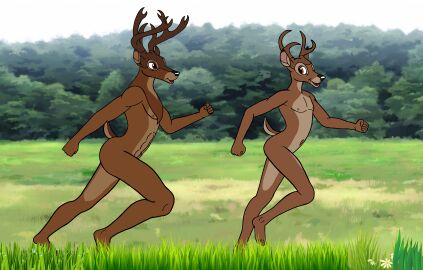anthro anthrofied bambi_(character) bambi_(film) disney father_and_son forest ledorean male no_visible_genitalia nude nude_anthro nude_male open_smile running smile smiling_at_another the_great_prince_of_the_forest