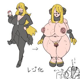 big_breasts blizzardkatikat breasts censored corruption cynthia_(pokemon) degradation degraded drowzee faceless female identity_death japanese_text kandenki naked naked_female no_background pokemon pokemon_(species) pokemon_transformation registeel transformation translated translation_check what wide_hips
