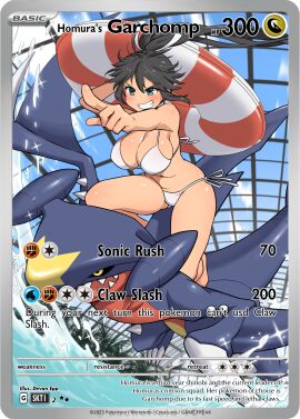 bikini brown_hair crossover garchomp hair_ribbon homura_(senran_kagura) lv99slime pokemon pokemon_card pool senran_kagura white_bikini