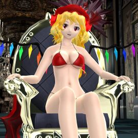 1girls 2024 3d bikini blonde_hair crystal_wings embodiment_of_scarlet_devil female flandre_scarlet hati_yukkuri_mmd indoors light-skinned_female light_skin looking_at_viewer mansion mmd mob_cap ornate red_bikini red_eyes red_ribbon sitting_on_chair solo_female solo_focus swimsuit touhou vampire_girl