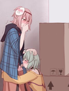 1boy 1girls adapted_costume ahoge bar_censor blue_hoodie blush box censored closed_eyes clothed_female clothed_sex fellatio female femdom genderswap genderswap_(ftm) green_hair hand_on_another's_head hata_no_kokoro heart highres hood hoodie indoors kiryuu_soma komeiji_koishi long_sleeves looking_at_another male malesub mask mask_on_head oral pants penis pink_hair rule_63 shirt standing_fellatio straight sweat touhou trembling wide_sleeves yellow_shirt