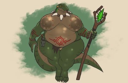 anthro areola belly belly_tattoo big_areola big_belly big_breasts bottomwear breast_tattoo breasts clothing crocodile crocodilian female genitals hi_res huge_areola huge_breasts loincloth nbusagi nipple_piercing nipples obese obese_anthro obese_female overweight overweight_anthro overweight_female piercing pussy reptile scalie solo tattoo thick_thighs tribal vulva wide_hips