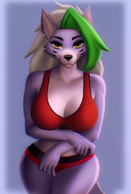2d 2d_(artwork) 2d_artwork aozee big_breasts breasts ear_piercing female five_nights_at_freddy's five_nights_at_freddy's:_security_breach fnaf purple_body roxanne_wolf_(fnaf) scottgames seductive seductive_look seductive_pose solo steel_wool_studios topless