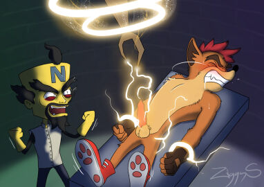 activision anthro balls bandicoot blush bound clenched_teeth cock_and_ball_torture cock_and_balls_torture crash_(series) crash_bandicoot doctor_neo_cortex duo electricity furniture genital_torture genitals hi_res laboratory laser machine mad_scientist male male/male male_only male_ryona mammal marsupial pain penis restrained restraining_table science scientific_experiment table teeth ziggy_s