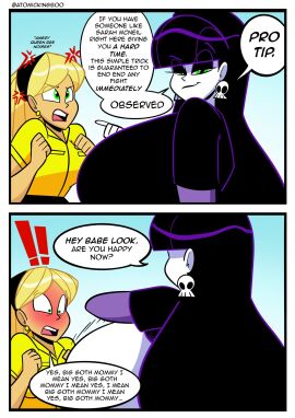 2girls alternate_version_available anger_vein angry angry_expression angry_face atomickingboo big_breasts black_shirt blonde_female blonde_hair blush breast_awe breasts breasts_bigger_than_head clothed clothing dialogue duplicate earrings english english_dialogue english_text female female_only gigantic_breasts goth goth_girl green_pupils hairband huge_breasts light-skinned_female light_skin lindel_dollice_quilten oc ocs original original_character original_characters queen_bee repost sarah_mcneil shirt shirt_lift skull_earrings text the_besties_(atomickingboo) white-skinned_female white_skin yellow_shirt