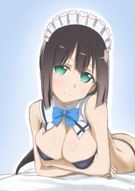 1girls arms_under_breasts ass bangs bed big_breasts black_hair breasts female female_only green_eyes hi_res highres laying_on_bed laying_on_stomach long_hair looking_at_viewer maid_headdress micro_bikini tagme tougou_mimori very_high_resolution yuuki_yuuna_wa_yuusha_de_aru yuusha_de_aru