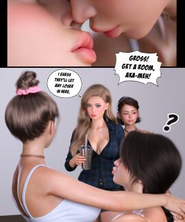 1futa 3d about_to_kiss akame_(futaprisoner) balls breasts brown_eyes brown_hair dark_eyes english_text female futanari futaprisoner huge_balls huge_cock intersex light-skinned_female light-skinned_futa light_skin muscles muscular muscular_futa penis song_(futaprisoner) speech_bubble testicles