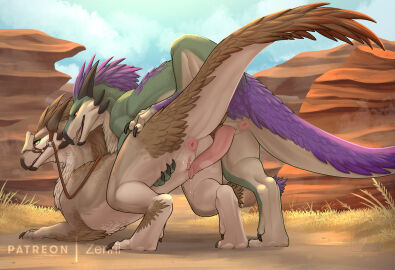 absurd_res anus beak bird_wyvern bodily_fluids brown_body capcom claws conditional_dnp duo feathers female feral genital_fluids genitals green_body hi_res horn imminent_sex leaking_precum male male/female monster_hunter penis precum prehensile_penis prehistoric_species pussy reptile scalie seikret tail vaginal_fluids vulva zenrii