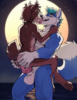 absurd_res anal anal_sex anthro antlers ash_(chaboifap) canid canine canis deer duo erection fox french_kissing genitals glans hi_res horn hybrid kissing knot knotted_penis light male male/male mammal moon moonlight nude nude_anthro nude_male odu penetration penile penile_penetration penis penis_in_ass sex spreading stand_and_carry_position standing standing_sex tail vance_(istricer) wolf