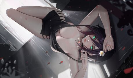 1girls armpits bare_legs bare_shoulders barely_clothed big_breasts black_dress black_hair bracelet bracelets breasts busty chainsaw_man cleavage eyelashes female flower flower_in_hair gold_jewelry green_eyes hi_res highres hips laying_down legs light-skinned_female light_skin necklace neorarty3 no_bra nonude pink_lips pink_lipstick pink_nails revealing_clothes reze_(chainsaw_man) ruby_(gem) seductive seductive_look sensual short_hair slim slim_waist thick_thighs thighs voluptuous
