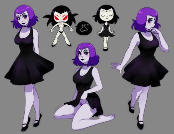 1girls 4_eyes barefoot black_dress black_hair blush breasts chibi chibi_inset choker cleavage clenched_fist clothed dc dc_comics dress dress_lift eyeshadow female female_only forehead_jewel full_body goth hi_res kneeling lipstick looking_at_viewer medium_hair multi_eye nipple_piercing nipples no_panties panties piercing plain_background pubic_hair purple_eyes purple_hair pussy pussy_hair rachel_roth raven_(dc) ravenemore red_eyes sharp_teeth skirt_lift smile teen_titans topless white_skin