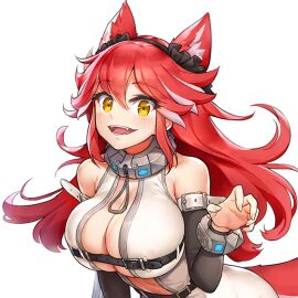animal_ears arm_warmers bare_shoulders battle_suit battlesuit belt bracelet breasts claw_pose cleavage collar color eyebrows_visible_through_hair fangs female female_focus female_only fenrir_(last_origin) game_cg hair_between_eyes hair_ornament headdress heart-shaped_pupils huge_breasts kakiman last_origin long_hair looking_at_viewer multi_ear open_clothes open_mouth red_hair skindentation sleeveless smile smiling smiling_at_viewer spiked_hair spiky_hair tight_clothing transparent_background upper_body wolf_ears wolf_girl yellow_eyes