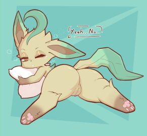 ahoge black_eyes brown_body brown_fur brown_pupils bubble defunctumbra dipstick_ears dipstick_tail ear_markings eeveelution english_text female feral fur generation_4_pokemon genitals green_background green_body green_fur hair hug hugging_object hugging_pillow leaf leaf_tail leafeon leg_markings markings multicolored_ears nintendo pawpads pillow pink_pawpads pink_pussy pokemon pokemon_(species) pupils pussy semi-anthro simple_background socks_(marking) solo speech_bubble tail tail_markings text tired yellow_body yellow_fur
