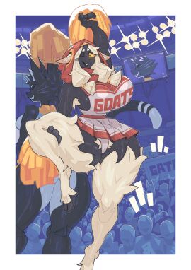 absurd_res anthro armpit_hair armpit_tuft bacardi_(muart242) better_version_at_source big_breasts black_body black_fur bovid breasts caprine cheerleader clothed clothing domestic_cat ear_piercing felid feline felis female fur furry_legs hair hi_res mammal nanokindred piercing pubes pubic_hair pubic_tuft reinette_(nanokindred) sheep sweat sweatdrop sweating sweaty tail whiskers white_body white_fur yellow_sclera