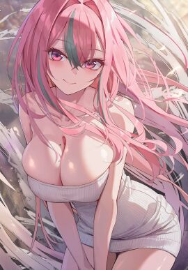 azur_lane bare_shoulders blush breasts bremerton_(azur_lane) cg cleavage closed_mouth collarbone cowboy_shot dress female grey_hair hair_between_eyes hair_down hair_intakes large_breasts leaning_forward long_hair looking_at_viewer mole mole_on_breast mole_under_eye multicolored_hair pink_eyes pink_hair ribbed_dress sidelocks smile solo standing strapless strapless_dress streaked_hair sweater sweater_dress thighs two-tone_hair white_dress