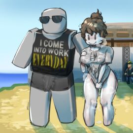 1boy 1girls 2d 2d_(artwork) 2d_artwork acorn_hair after_sex anthro areolae artist_name background_character blocky_body bottomless_female buazzo builderman bulge_through_clothing couple duo_focus female male matching_outfit natural_disaster_survival outdoors outside penis penis_bulge roblox roblox_game robloxian shirt standing steamy_breath t-shirt tagme tank_top text_on_clothing text_on_shirt thighs
