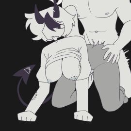 1boy :3 ahoge bite_mark breasts breasts_out cracked_horn cum_in_pussy demon_horns demon_tail doggy_style drool female fundamental_paper_education fundamental_paper_education_oc male married_couple married_female married_male no_pants out_of_frame_male pussy ripped_pantyhose rolled_up_sleeves shirt_lift shirt_over_chest tongue tongue_out two-tone_hair