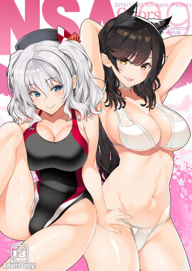 2girls absurd_res absurdres adult animal_ear_fluff animal_ears arm_behind_back arm_support armpits arms_behind_head atago_(azur_lane) atago_(summer_march)_(azur_lane) azur_lane bare_armpits bare_arms bare_belly bare_chest bare_hands bare_hips bare_legs bare_midriff bare_navel bare_shoulders bare_skin bare_thighs bare_torso belly belly_button bikini bikini_bottom bikini_only bikini_top black-haired_female black_bikini black_cap black_hair black_hat black_one-piece_swimsuit black_swimsuit black_swimwear blue-eyed_female blue_eyes breasts brown-eyed_female brown_eyes cap choker cleavage cleft_of_venus collar collarbone comiket dot_nose elbows eyebrows_visible_through_hair female female_focus female_only fingernails fingers groin hair_between_eyes half_naked hand_behind_back hands_behind_head hat high_resolution highres hourglass_figure inuzumi_masaki kantai_collection kashima_(kantai_collection) kayano_ai knee_up knees large_breasts leg_up legs light-skinned_female light_skin lips long_hair looking_at_viewer mole mole_under_eye multiple_females multiple_girls naked naked_female navel nude nude_female one-piece_swimsuit open_mouth open_mouth_smile parted_lips pussy shoulders simple_background sitting slender_body slender_waist slim_female slim_waist smile smiling smiling_at_viewer standing string_bikini swimsuit swimwear thick_thighs thighs thin_waist tongue twintails twintails_(hairstyle) upper_body v-line white-haired_female white_background white_bikini white_bikini_bottom white_bikini_only white_bikini_top white_choker white_collar white_eyebrows white_hair white_string_bikini white_swimsuit white_swimwear wide_hips