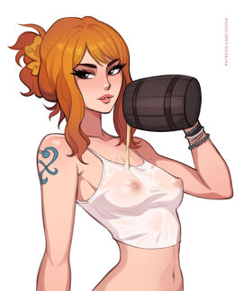 1girls 2d 2d_(artwork) areolae arm_tattoo beer beer_mug belly_button blue_tattoo bracelet breasts female female_focus female_only looking_at_viewer nami_(one_piece) navel nipples one_piece orange-haired_female orange_hair post-timeskip red_hair see-through see-through_clothing simple_background solo solo_female solo_focus tattoo toksie wet_topwear