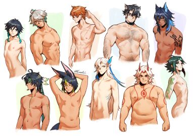 alhaitham_(genshin_impact) animal_ears arataki_itto big_biceps big_muscles big_stomach black_hair body_hair childe_(genshin_impact) dark-skinned_male different_poses different_size genshin_impact ginger ginger_hair kinich_(genshin_impact) light-skinned_male male male_only multiple_males neuvillette_(genshin_impact) ngreentail no_visible_genitalia ororon_(genshin_impact) purple_hair realistic_anatomy realistic_proportions tartaglia_(genshin_impact) tighnari_(genshin_impact) venti_(genshin_impact) white_hair wriothesley_(genshin_impact) xiao_(genshin_impact)