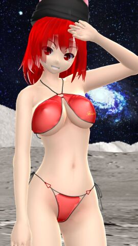 1girls 2023 3d belly_button bikini cosmic_background female goddess hati_yukkuri_mmd headwear hecatia_lapislazuli legacy_of_lunatic_kingdom light-skinned_female light_skin looking_at_viewer midriff mikumikudance mmd moon outside red-haired_female red_bikini red_eyes short-haired_female smiling_at_viewer solo_female solo_focus space stars swimsuit touhou