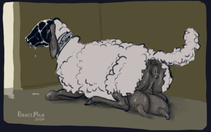 beastmilk bodily_fluids bovid breasts caprine caprine_pussy collar crotchboobs ewe female feral genitals gimp gimp_mask mammal mask pussy raised_tail saliva sheep sitting tail udders zoophilia