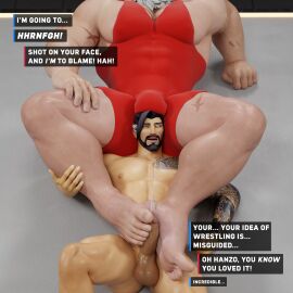 2boys balls bara comic gay hanzo helices3d male male/male male_only muscular muscular_male nipples overwatch overwatch_2 reinhardt yaoi