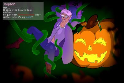 1boy 2021 aqua_regia_arts blue_eyes clothed clothed_male glasses halloween magenta_hair male male_only oc original original_character pumpkin skinny solo tan_skin tentacle tentacle_on_male text text_box wand