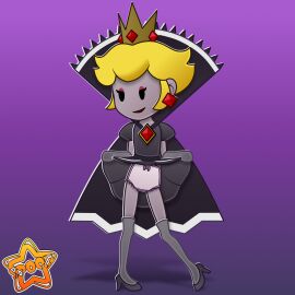 black_dress blonde_hair bow_panties cape dot_eyes female flat_chest frilled_panties full_body high_heels makeup mario_(series) pale_skin panties paper_mario paper_mario:_the_thousand-year_door princess_peach purple_skin shadow_queen short_hair skirt_lift thighhighs underwear