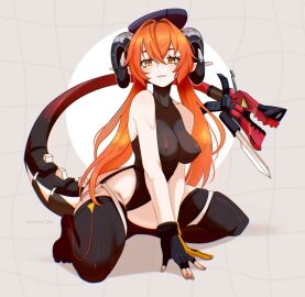 bodysuit horns huge_breasts orpheus_(zenless_zone_zero) posing seductive tail zenless_zone_zero