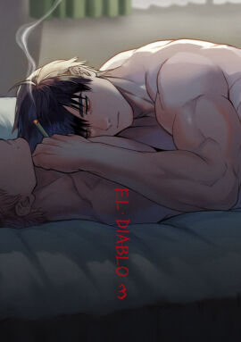 2boys back bed bedroom black_hair cigarette completely_nude expressionless gay head_out_of_frame lying lying_on_back lying_on_stomach male male_only multiple_boys multiple_males muscular muscular_male nude original red_eyes smoking solo_focus topless yaoi yukibi_(ykb)