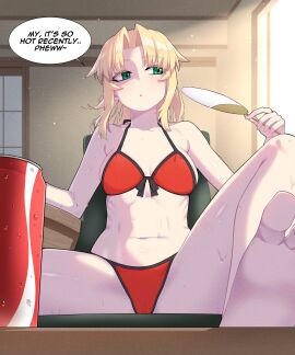 1girls barefoot bikini blonde_hair english_text fate/grand_order fate_(series) female green_eyes hot light-skinned_female light_skin mordred_(fate) red_bikini soda_can speech_bubble sweat swimsuit terebozu92