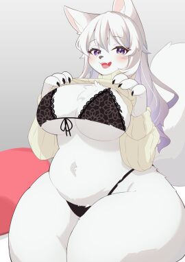 2023 absurd_res anthro belly big_breasts biped black_bra black_claws black_clothing black_thong black_underwear blush bra breasts canid canine chest_tuft claws cleavage clothed clothing clothing_lift colored curvy_figure cute_fangs digital_media_(artwork) eyelashes female female_anthro finger_claws fluffy fluffy_tail front_view fur glistening glistening_eyes gradient_hair grey_background grey_nose hair hi_res huge_thighs inner_ear_fluff kemono lace lace_bra long_hair looking_at_viewer mammal maru_mao_(artist) monotone_body monotone_fur monotone_tail multicolored_hair navel open_mouth open_smile partially_clothed pillow pink_tongue portrait presenting presenting_breasts pupils purple_eyes purple_hair shaded simple_background sitting slightly_chubby smile solo sweater sweater_lift tail teeth thick_thighs thong three-quarter_portrait three-quarter_view tongue topwear tuft two-tone_hair underwear voluptuous white_body white_ears white_fur white_hair white_inner_ear white_inner_ear_fluff white_tail wide_hips yellow_clothing yellow_sweater yellow_topwear