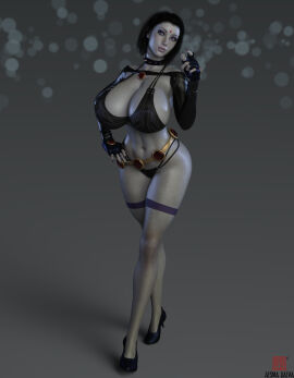 1girls 3d 3d_(artwork) 3d_model 3d_render aesmadaeva37 artist_logo artist_name belt bikini bikini_bottom bikini_top bimbo black_hair breasts cleavage collar dc dc_comics female female_only fingerless_gloves gloves goth goth_girl hand_on_hip heels hips hourglass_figure huge_breasts jewel jewel_on_forehead large_breasts legband navel pinup purple_eyes purple_eyeshadow purple_nails raven_(dc) simple_background solo solo_female spiked_collar swimsuit thick_thighs thighs toned toned_female wide_hips