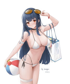 1girls arm_strap beach_ball bikini blue_hair breasts choker female holding_beachball large_breasts long_hair looking_at_viewer midriff multi-strapped_bikini multi-strapped_swimsuit mungersky navel original red_eyes shoulder_bag side-tie_bikini side-tie_swimsuit sunglasses sunglasses_on_head swimsuit thigh_strap white_bikini white_swimsuit wristband