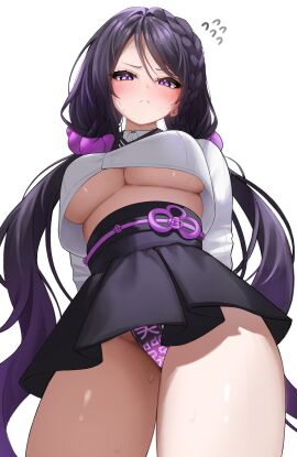 absurdres arms_behind_back black_hair black_skirt black_survival braid breasts cowboy_shot crop_top crop_top_overhang dasi_(kwts3227) eternal_return:_black_survival female frown gradient_hair high-waist_skirt highres hyejin_(black_survival) jeogori_(clothes) large_breasts long_hair long_sleeves looking_at_viewer low_twintails maebari midriff miniskirt multicolored_hair ofuda ofuda_on_pussy pleated_skirt purple_eyes purple_hair shirt simple_background skirt solo standing sweat thighs twintails two-tone_hair underboob v-shaped_eyebrows very_long_hair white_background white_shirt